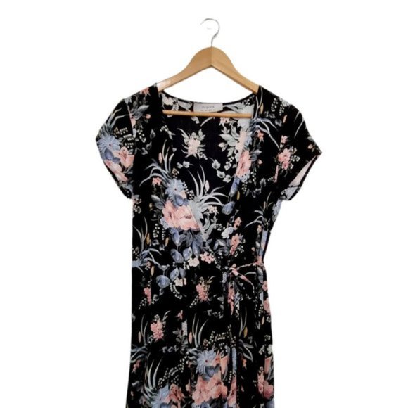 AUGUSTE Black Floral Wrap Around Maxi Short Sleeve Dress Front Tie Size AU 6 - Picture 2 of 9